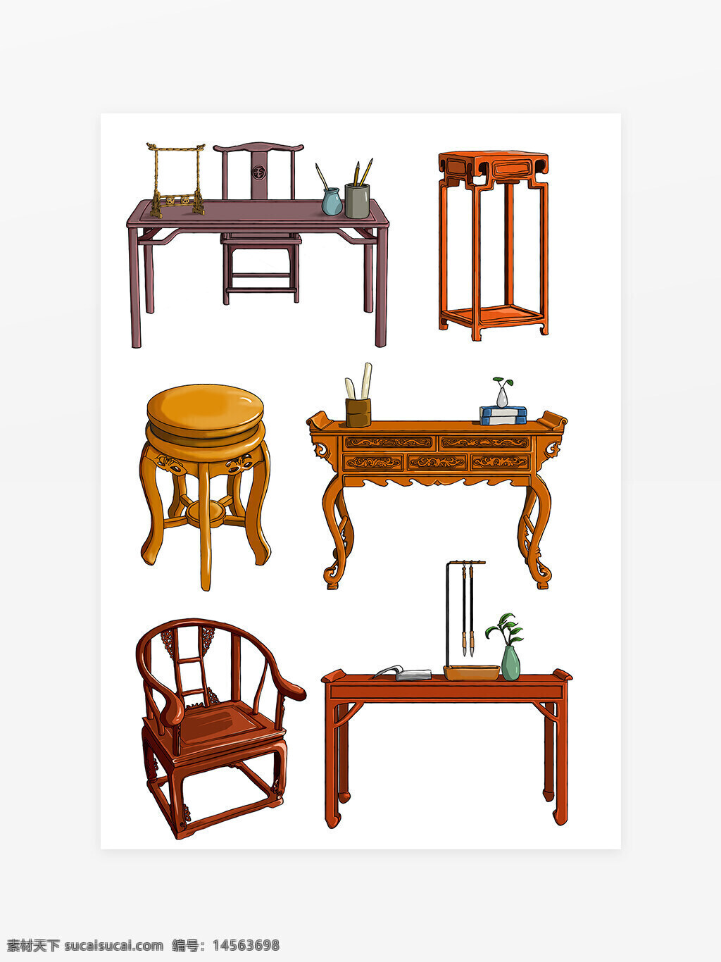 古典木质家具物品 家具 茶几 太师椅 书桌 手绘 艺术绘画