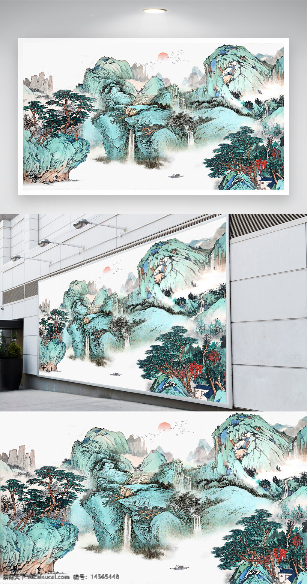 手绘水墨山水中式插画背景墙 意境山水 禅意山水 山水 中式背景 中式装饰 装饰背景 国画 中式工笔国画