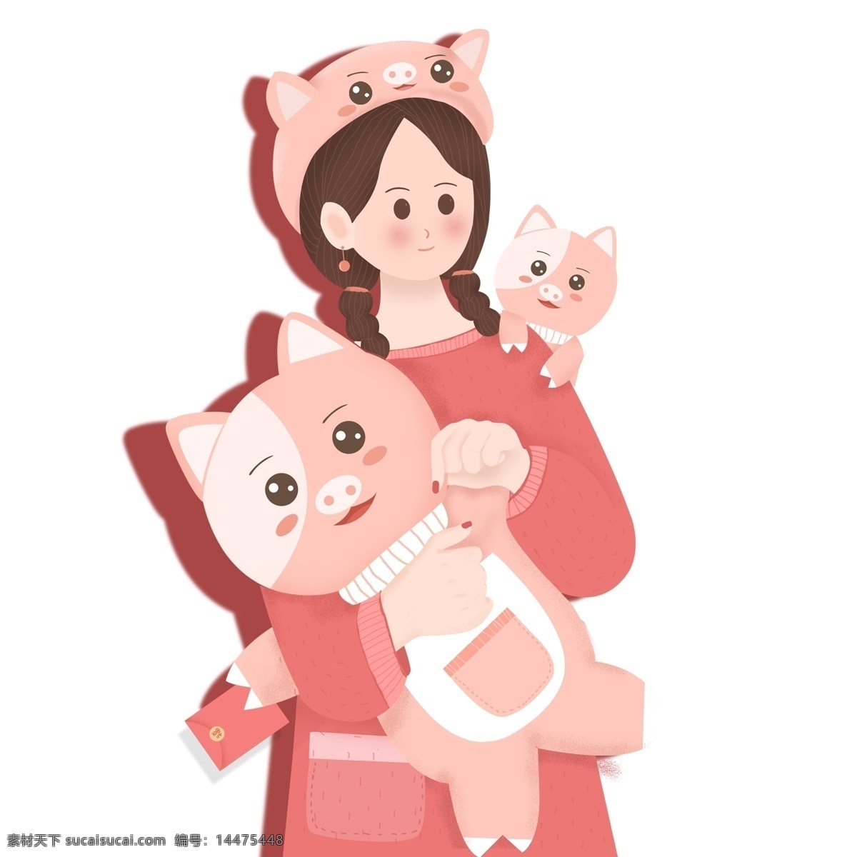猪年 猪 女孩 卡通 粉色 插画 小猪 春节 猪猪 新年