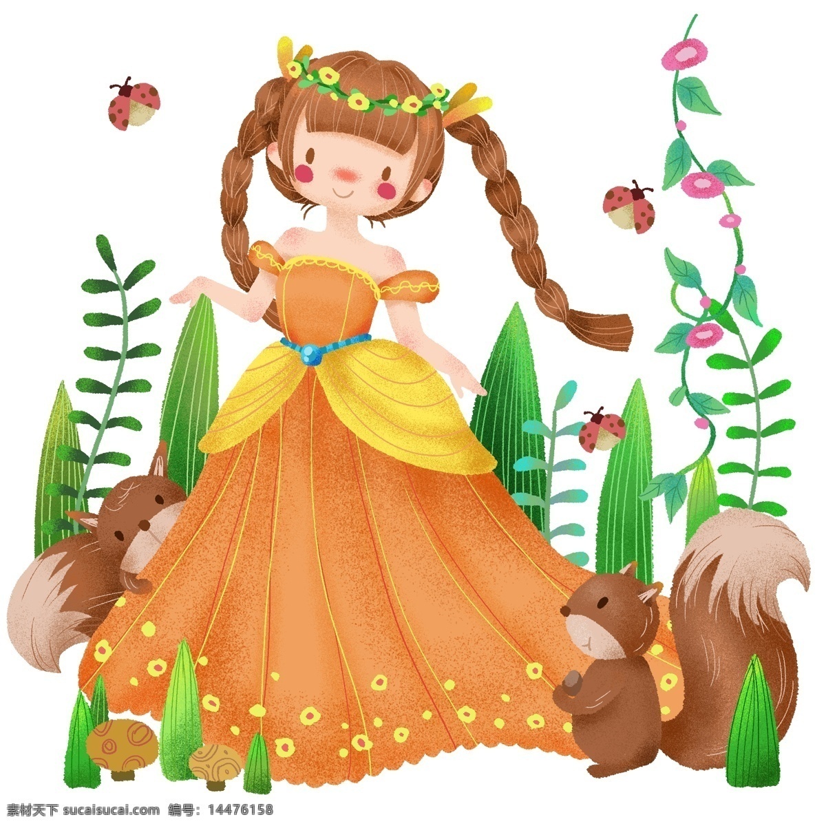 手绘 森林 春天 公主 热闹 可爱 松鼠 牵牛花 卡通 春 春游 女孩 小女孩 小清新 裙子 植物 绿色