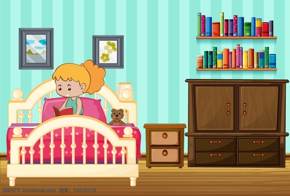 卡通儿童插画 儿童 快乐 生活儿童 女孩 女生 儿童素材 家具 室内 房间 卡通设计