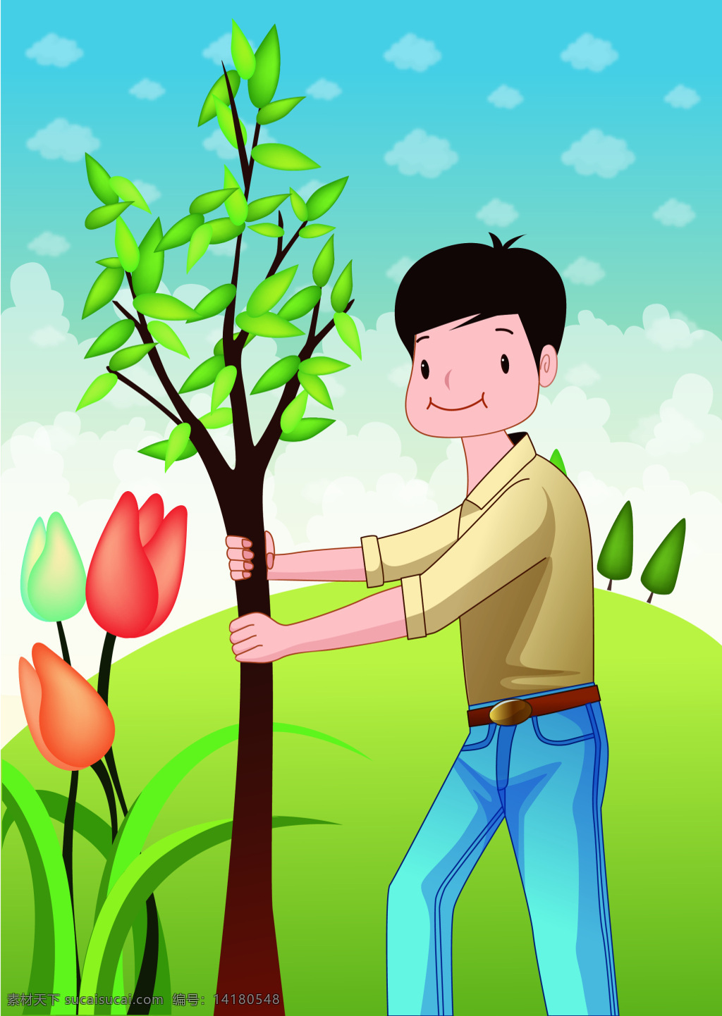 白云 草地 花朵 卡通 蓝天 男孩 手绘 童趣 植树节 海报 背景 种树