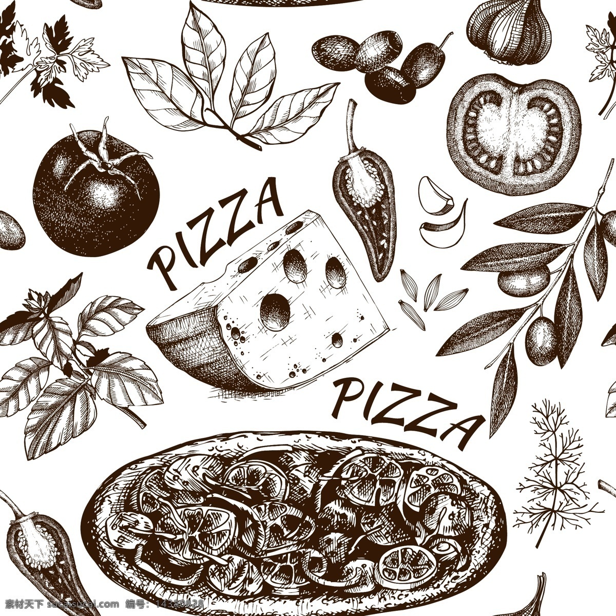 披萨布朗 食物 披萨饼 西红柿 树叶 白色
