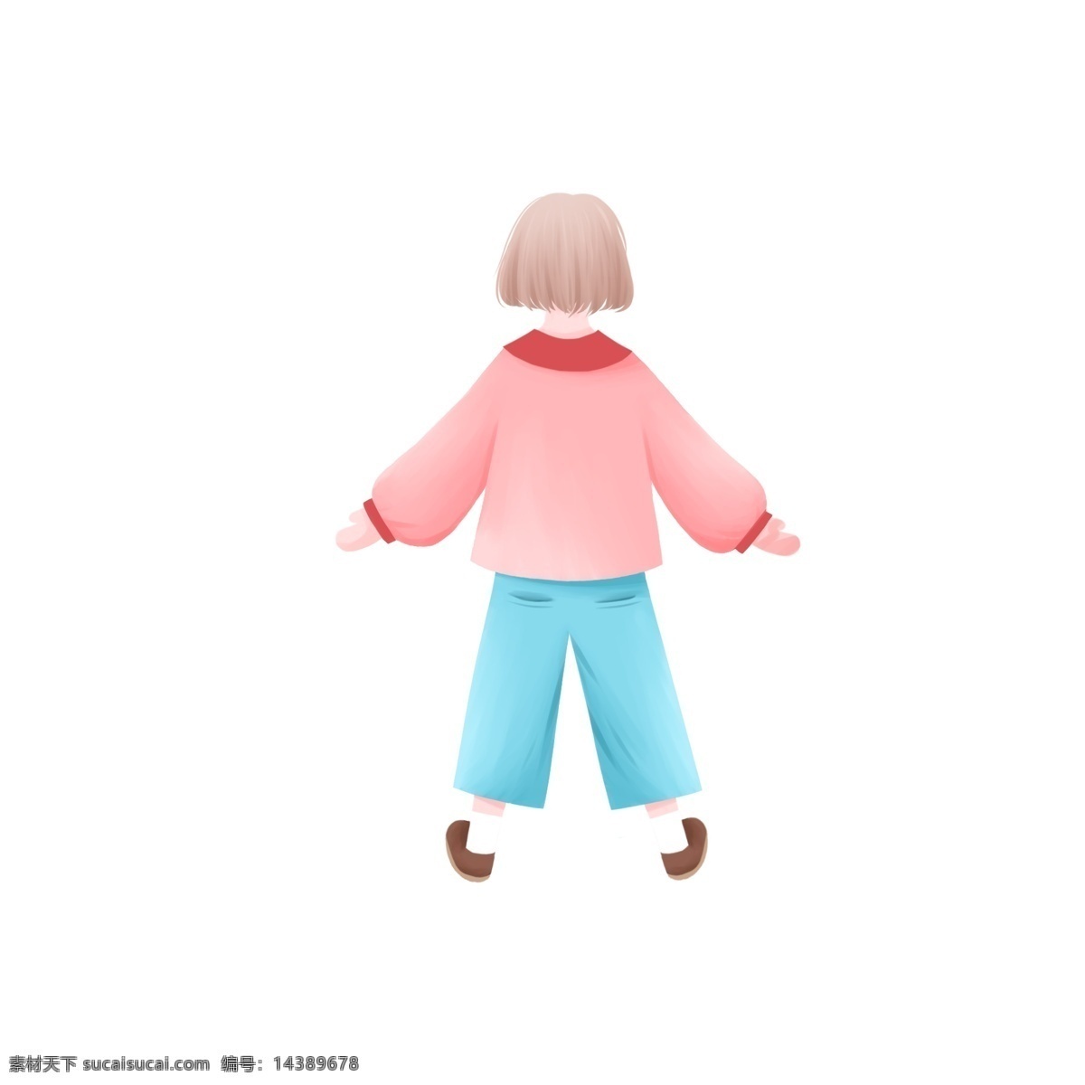 日 系 清新 风 穿着 卫 衣 牛仔裤 女孩子 日系 手绘 女孩 背影 人物 短发 女生 儿童 插画