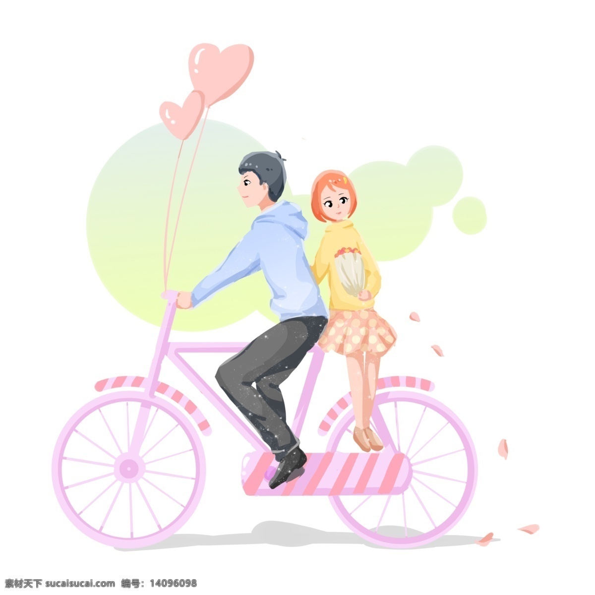 情人节 人物 自行车 插画 漂亮的小女孩 粉色的桃心 桃心气球 粉色的自行车 恩爱的情侣