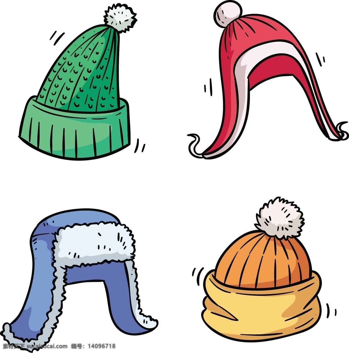 四 款冬 季卡 通 帽子 手绘帽子 卡通帽子 矢量帽子 冬季 帽子图案 保暖帽子 可爱帽子