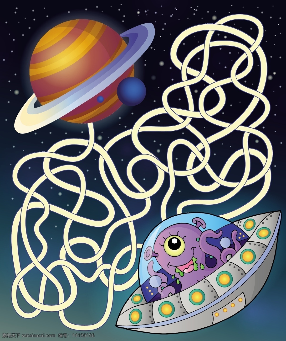 迷宫插图 手绘卡通插画 太空 宇宙 太空飞船 外星人 儿童绘画 卡通背景 背景底纹 文化艺术 绘画书法