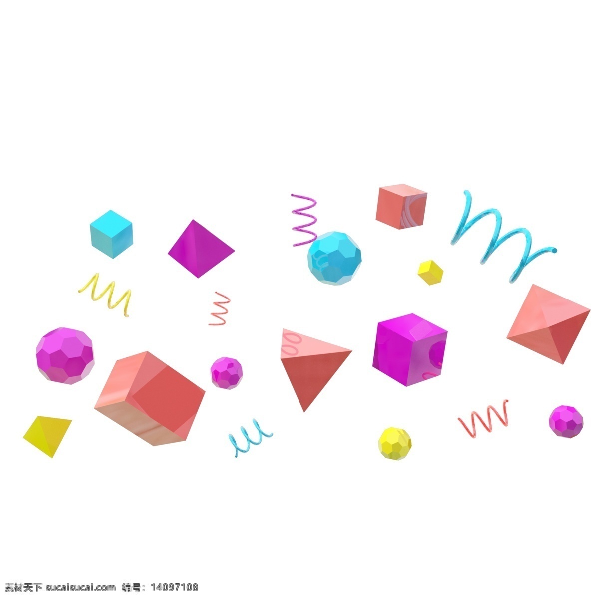 3d 彩色 多边形 悬浮 颗粒 卡通 立体 c4d 电商 紫色 粉色 金色 蓝色 三角形 四边形 球形 螺旋形